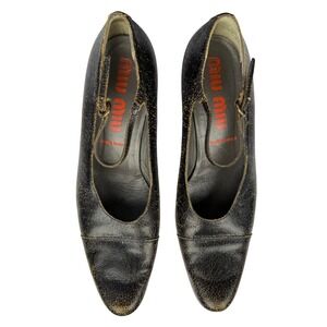 Vintage 2001 MIU MIU Size 37 Black Crackle Leather‎ Mary Janes Kitten Heels Y2K